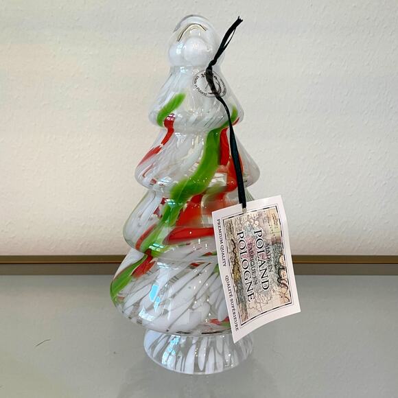 Art Glass CHRISTMAS TREE 10in Red Green White Marble Handmade in Poland NEW - Picture 6 of 14